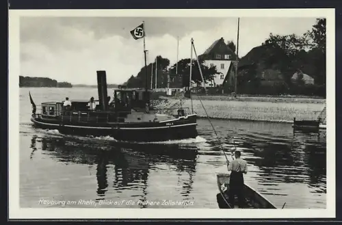 AK Neuburg am Rhein, Frühere Zollstation, Dampfschiff mit -Flagge