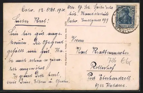 AK Calw, Stadtansicht im Tal, Wohnhäuser, umgebende Hügel