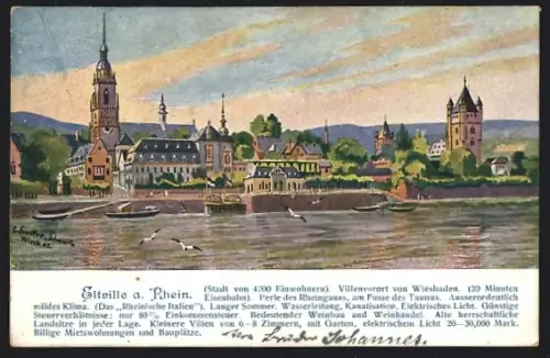 Künstler-AK Eltville a. Rhein, Stadtansicht mit Kirche und Burg am Rheinufer