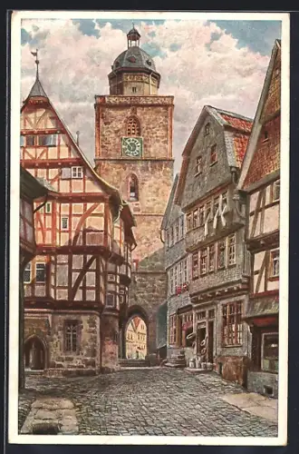 Künstler-AK Alsfeld, Altstadt, Fachwerkhäuser, Stadtturm