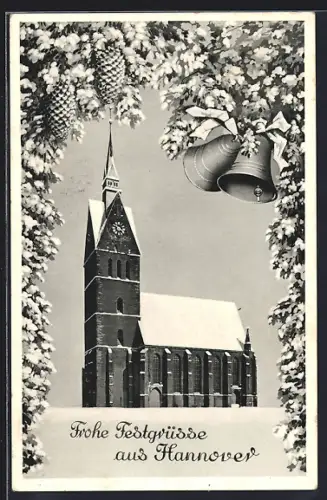 AK Hannover, Marktkirche im Winter, Tannenzweige, Glocken