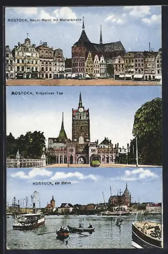 AK Rostock, Neuer Markt mit Marienkirche, Kröpeliner Tor, am Hafen