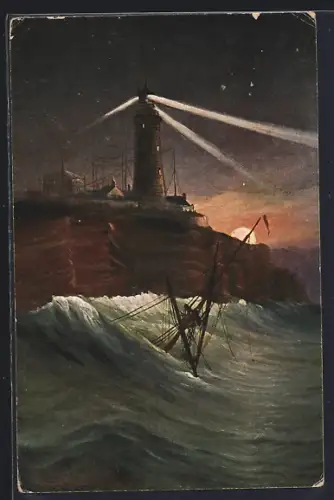 Künstler-AK Helgoland, Leuchtturm und Schiffswrack