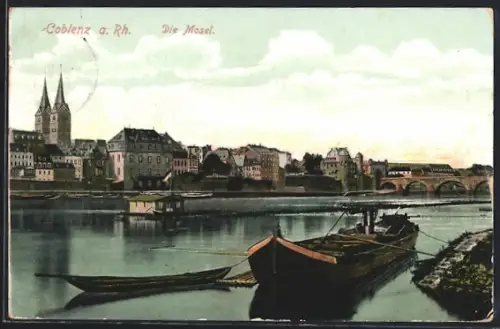 AK Koblenz a. Rh., Die Mosel, Brücke, Kirche, Schiffe