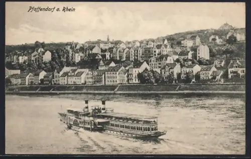 AK Pfaffendorf a. Rhein, Ortsansicht mit Dampfschiff auf dem Rhein