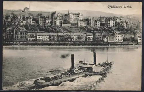 AK Pfaffendorf a. Rh., Uferansicht mit Dampfschiff auf dem Rhein