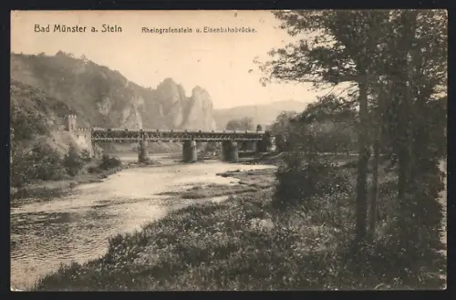 AK Bad Münster a. Stein, Rheingrafenstein, Eisenbahnbrücke