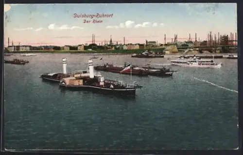 AK Duisburg-Ruhrort, Der Rhein, Schiffe und Industriekulisse