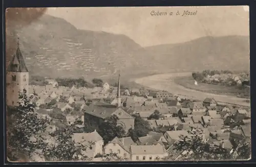 AK Cobern a. d. Mosel, Ortsansicht mit Kirche und Mosel