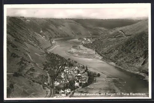 AK Moselkern, Blick auf Moselkern und Burgen mit Ruine Bischofstein