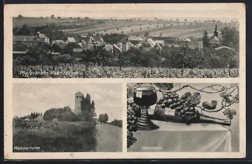 AK Wintersheim /Rheinhessen, Ortsansicht, Wasserturm, Weinmotiv