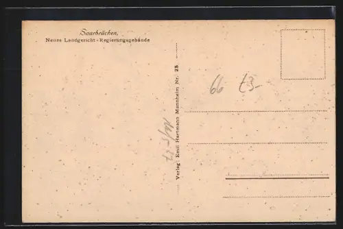 AK Saarbrücken, Neues Landgericht, Regierungsgebäude, Flussansicht, Frachtschiffe