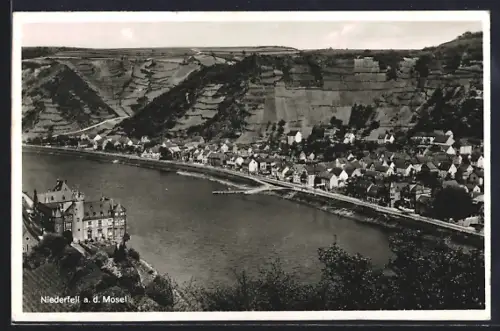 AK Niederfell a. d. Mosel, Ortsansicht mit Mosel und Weinbergen