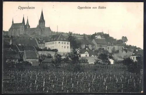 AK Oppenheim, Stadtansicht von Süden mit Kirche und Weinbergen