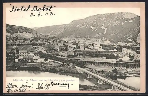 AK Münster a. Stein, Gesamtansicht von der Ebernburg aus gesehen, Brücke, Fluss