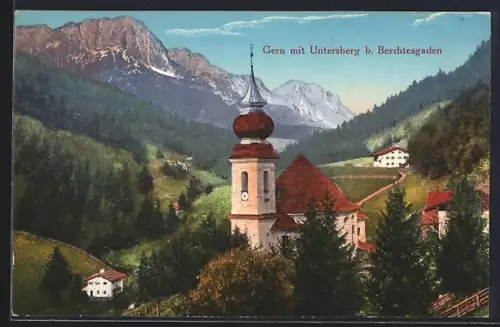 AK Gern b. Berchtesgaden, Kirche, Untersberg, Gebirgslandschaft