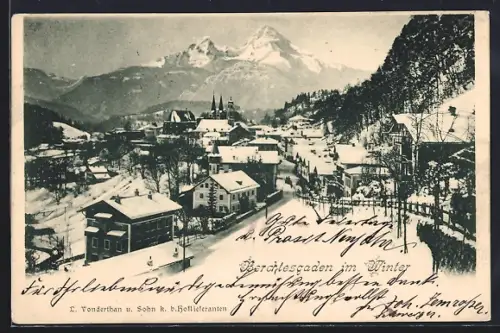 AK Berchtesgaden, Winteransicht mit Kirche und Watzmann
