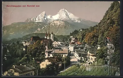 AK Berchtesgaden, Blick vom Nonntal auf Ort und Watzmann
