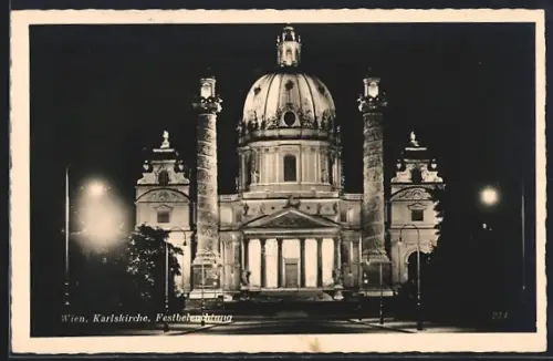 AK Wien, Karlskirche mit Festbeleuchtung