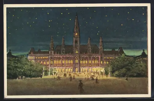 Künstler-AK Wien, Rathaus beleuchtet mit Vertexlampen