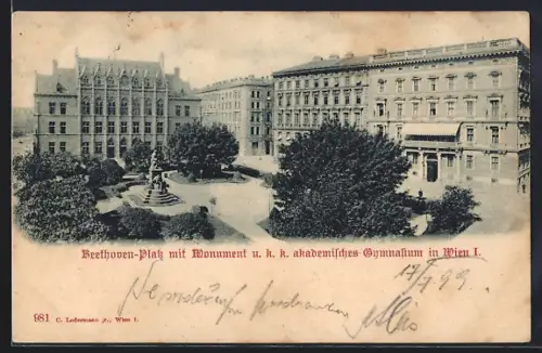 AK Wien, Beethoven-Park mit Monument und k. k. akademisches Gymnasium