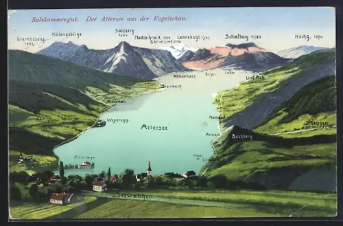 AK Seewalchen / Attersee, Panorama mit Umgebungskarte des Attersees, Schafberg, Alexenau & Burgau