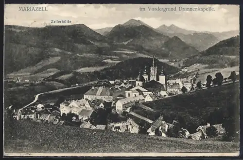 AK Mariazell, Panorama mit Brunnenkapelle und Zellerhütte