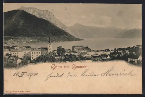 AK Gmunden, Teilansicht mit Bergpanorama