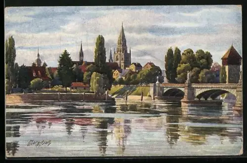 Künstler-AK Vinzenz Marschall: Konstanz, Rheinbrücke, Rheintorturm und Münster