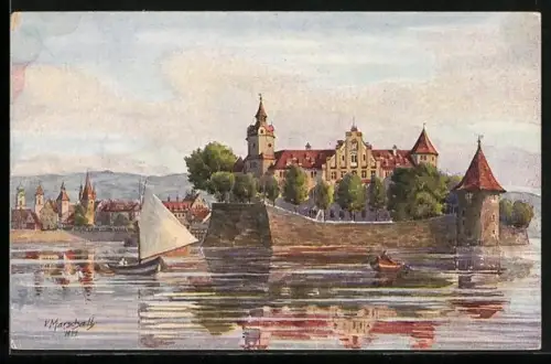 Künstler-AK Vinzenz Marschall: Lindau, Ortschaft vom Bodensee gesehen