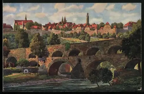 Künstler-AK V.Marschall: Rothenburg ob der Tauber, Ortsansicht mit Doppelbrücke