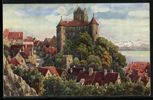 Künstler-AK Vinzenz Marschall: Schloss Meersburg am Bodensee, Panoramablick mit Säntis