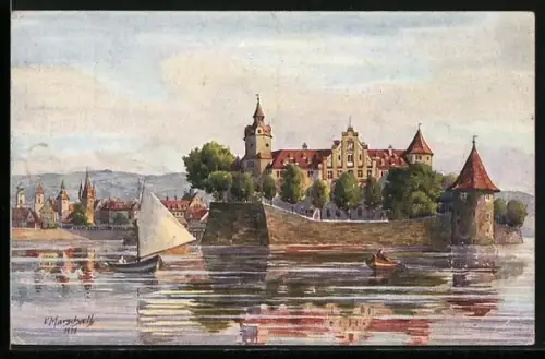 Künstler-AK Vinzenz Marschall: Lindau, Ortschaft vom Bodensee gesehen
