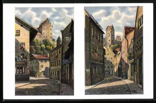 Künstler-AK Füssen am Lech, Strassenbilder im Ort
