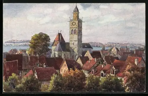 Künstler-AK V.Marschall: Überlingen, Ortsansicht mit Kirche