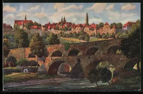 Künstler-AK V.Marschall: Rothenburg ob der Tauber, Ortsansicht mit Doppelbrücke