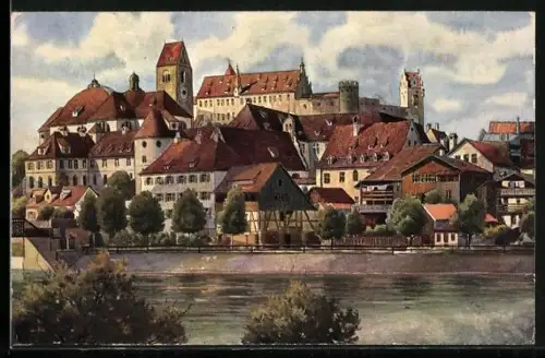 AK Füssen /Lech, Ortsansicht vom Wasser aus