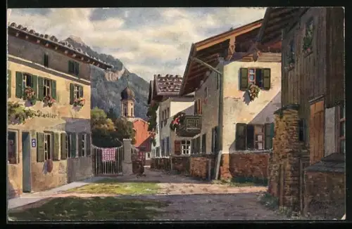 Künstler-AK Vinzenz Marschall: Oberammergau Strassenwinkel im unteren Dorf