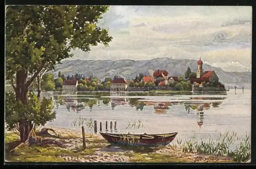 Künstler-AK Wasserburg, Ortsansicht von der anderen Seeseite