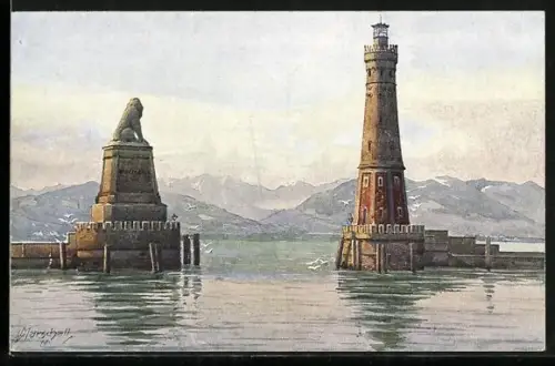Künstler-AK Vinzenz Marschall: Lindau im Bodensee, Blick zur Hafeneinfahrt