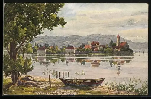 Künstler-AK Wasserburg, Ortsansicht von der anderen Seeseite