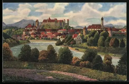 Künstler-AK Füssen am Lech, Uferpartie