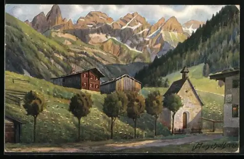 Künstler-AK Vinzenz Marschall: Einödsbach, an der kleinen Kapelle, Blick auf die Bergkette