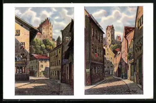 Künstler-AK Füssen am Lech, Strassenbilder im Ort