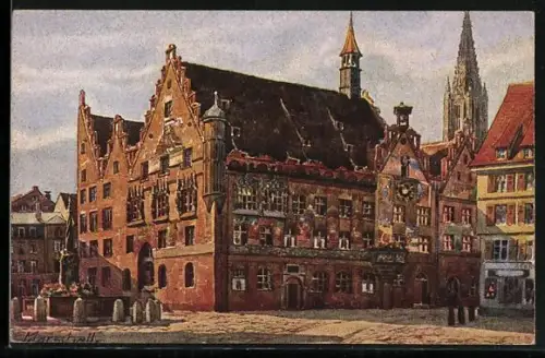AK Ulm / Donau, Blick auf das Rathaus mit Brunnen