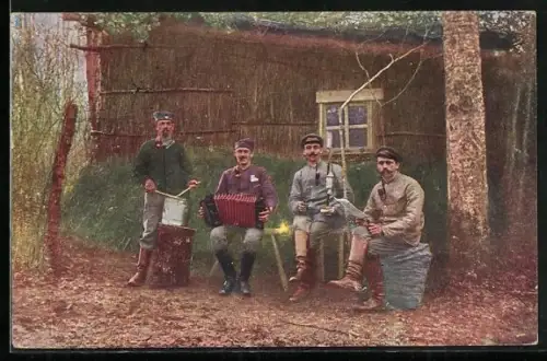 AK Vier Soldaten mit Musikintstrumenten, Lustiges Quartett hinter der Front in der Dobrutscha