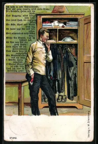 AK 1. Weltkrieg, Soldat vor seinem Schrank, Vers Ich späh in jede Schrankenecke...