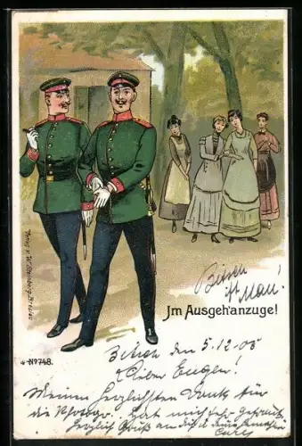 AK Im Ausgeh`anzuge!, Soldaten und junge Damen