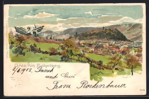 Künstler-AK Emil Czech: Graz, Blick vom Ruckerlberg