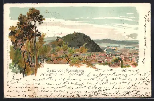 Künstler-Lithographie Graz, Blick vom Rosenberg auf die Stadt